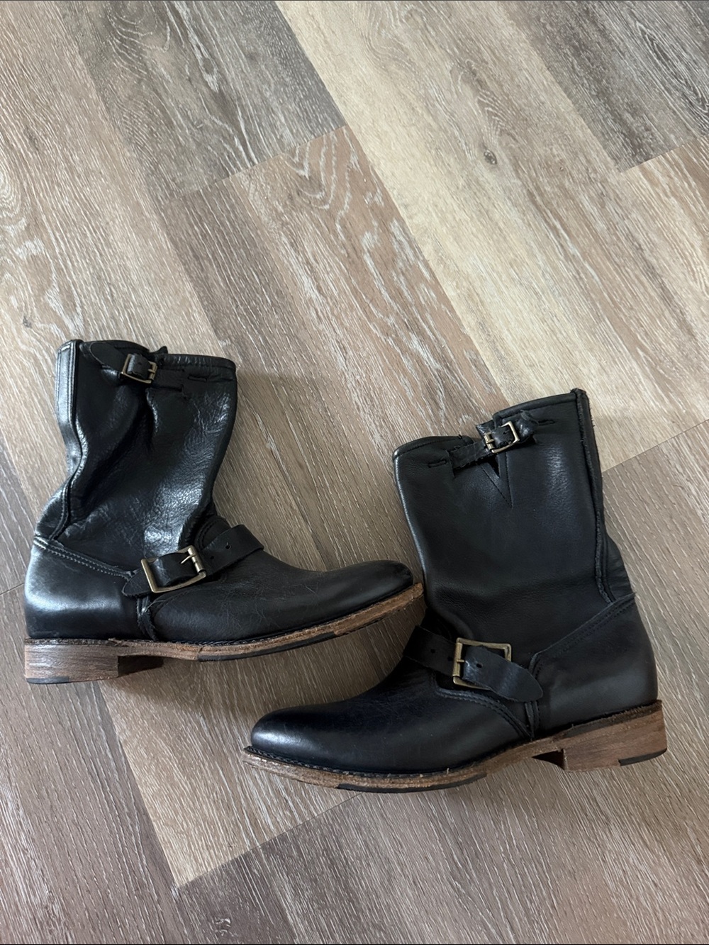 Men's Black Leather Buckle Engineer Boots